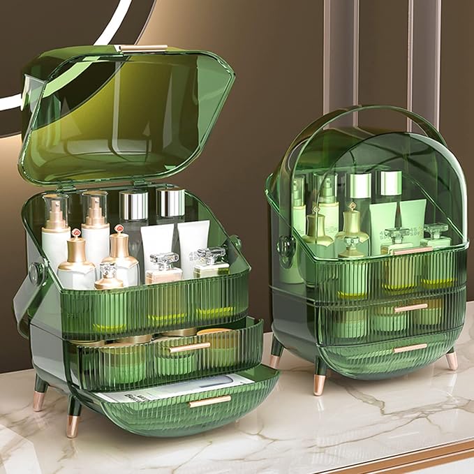 Ergocar Portable Retro Series Multi-Function Make Up Case Dustproof Cosmetic Storage Box, Skin Care Products Jewelry Organizer Finishing Box Bathroom Desktop - Retro Green