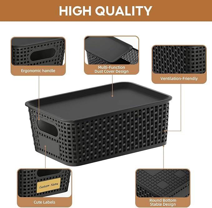 8 Pcs Plastic Storage Baskets with Plastic Lids and Labels 5.29qt Stackable Box Basket Pantry Decorative Containers, Small Storage Bins for Shelves Drawers Closets Bedrooms Office Cabinets 10*7.2*4.1"