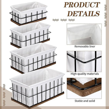 4 Pack Metal Basket with Liner Wooden Bottom Bathroom Baskets Organizer Multiple Sizes Wire Storage Rustic Farmhouse Decor for Home Kitchen Toilet Cabinets Pantry Laundry Room