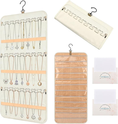 Hanging Jewelry Organizer Storage Roll with 48pcs Pocket Double Sided Rotating Hanger Necklace Hanging Wall Organizer with Hanger Hooks(COLOR:white)