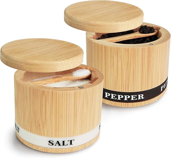 ThougrLyh Salt Box 2Pcs Spice Cellar with Swivel Lid and Spoons Small Bamboo Pepper and Salt Containers with Salt Pepper Labels,Dual 8 oz Capacity Holder for Seasoning and Small Items