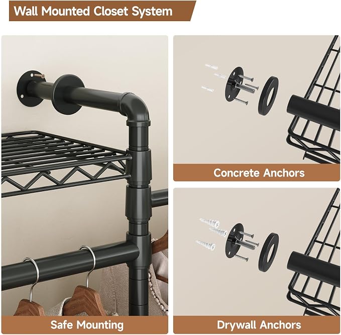 Wall Mounted Garment Rack, Walk-in Closet System with Expandable Rods, Adjustable Shelves, Industrial Pipe Clothing Racks, Hanging Clothes Organizers and Storage, Metal Closet Shelving Wardrobe