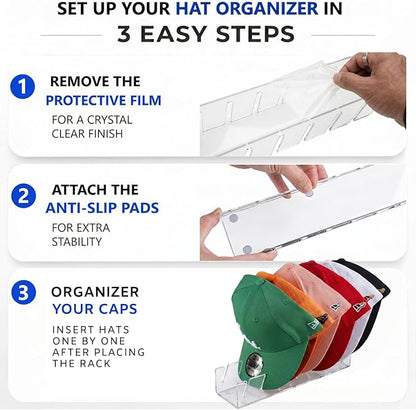 Baseball Hat Organizer 3 Pack, Clear Acrylic Hat Organizer Rack, Hat Display Stand Holds 21 Caps, 7-Slot No Assembly Cap Storage for Closet Shelf, Dresser, 11.4 x 3 x 2.2 in