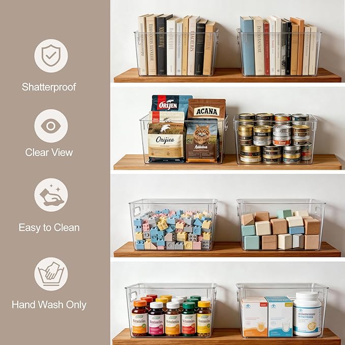 Hudgan Set of 8 Clear Plastic Storage Bins, 8 Large Storage Containers for Pantry Organizers, Home Edit, Kitchen Cabinet, Refrigerator, Under Sink Organization, Bathroom, Office