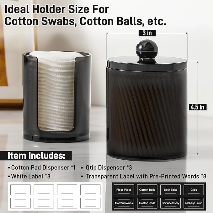 4 Pcs, Acrylic Qtip Holder Dispenser for Cotton Swab, Ball, Round Pads, Floss Picks - Clear Plastic Apothecary Jar Set, Bathroom Canister Decor Storage Accessories, Vanity Makeup Organizer, Black