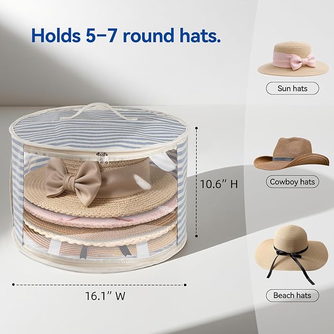 1 Pack Hat Storage Box with Clear Window, Holds up to 7 Caps Cowboy Hat Organizer Bag for Closet for Wide Brim Hats with Carrying Handles, Blue