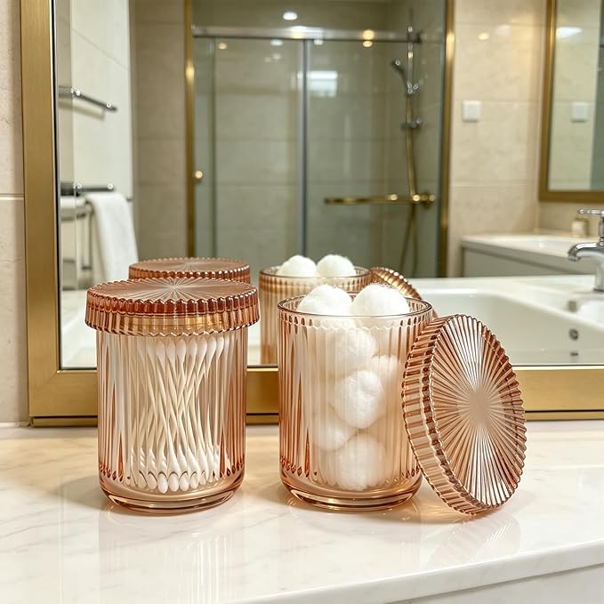 2 Pack Ribbed Glass Qtip Holder with Lid, Apothecary Storage Jars, Bathroom Vanity Countertop Organizer for Cotton Swabs, Cotton Balls, Pads, Floss Picks, Hair Ties, Makeup Accessories (Amber)