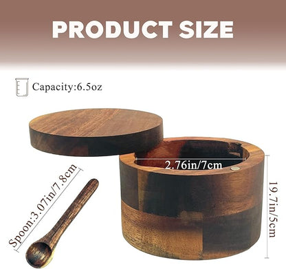 6.5 Ounce Acacia Wood Spice Box with Built In Spoon and Magnetic Rotating Lid Elegant Kitchen Salt Container Holder for Storing Pepper Spices Salt or Your Favorite Seasonings