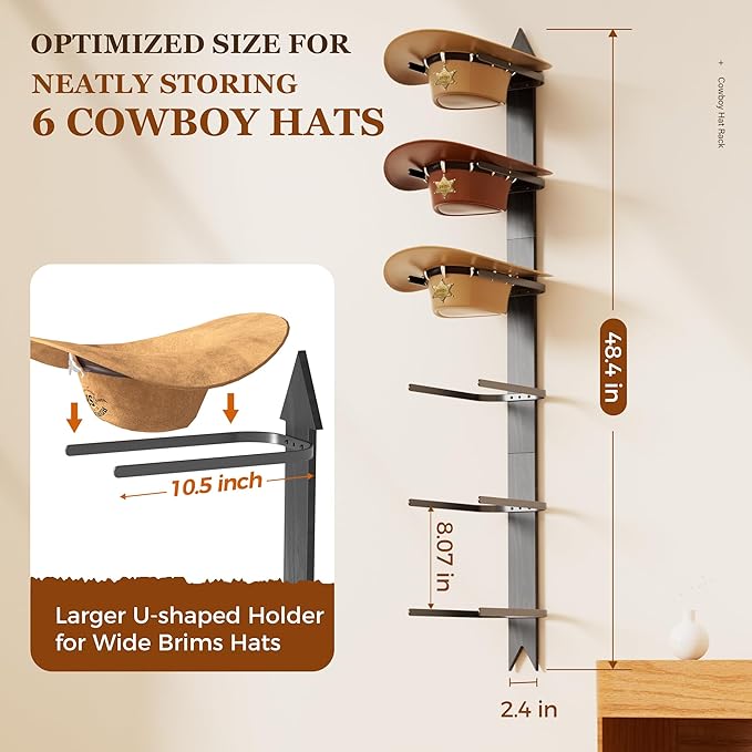 Cowboy Hat Rack for Wall, Cowboy Hat Holder Wall Mount Holds up to 6 Hats, Wooden Western Rustic Metal Hat-Organizer with Arrow Sign Board, Display and Decor Rack for Fedora, Sun Hats,Baseball Caps