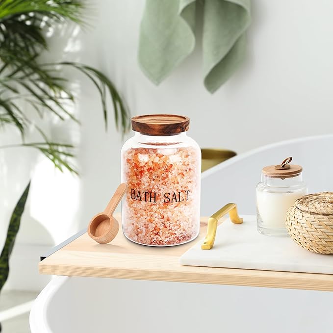 BKYFPQ 2Pcs 74 oz Glass Bath Salts Jar,Bath Salt Container with Wooden Lid and Scoop,Bathroom Organizers and Storage,for Bathroom Bath Decor,Home Decor,Bathtub Accessories for Women