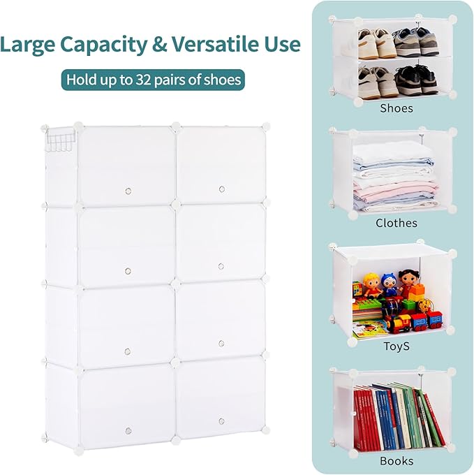Simple Deluxe 8-Tier Shoe Rack Organizer with Doors, Stackable Shoe Storage Cabinet for Entryway Closet, Plastic Shoe Shelf with Metal Frame, Holds up to 32 Pairs for Bedroom Hallway, White