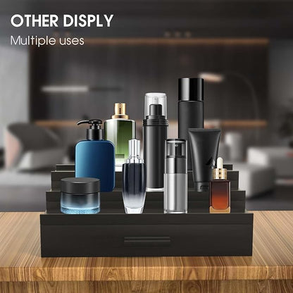 Sephyroth Cologne Organizer for Men 3 Tier of Elevated Cologne Display Shelf with Drawer Storage Perfume Organization and Storage Display Risers,Great Gift for Man(Black)