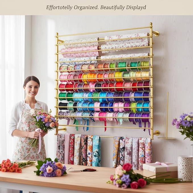 DYRABREST Wall Mounted Ribbon Organizer Rack, Metal Wrapping Paper Organizer Storage, Removable 12-Tier Hijab Organizer, 80lbs Load Capacity for Home, Craft Room, Flower Shop (Gold, 47.2 x 47.2 in)