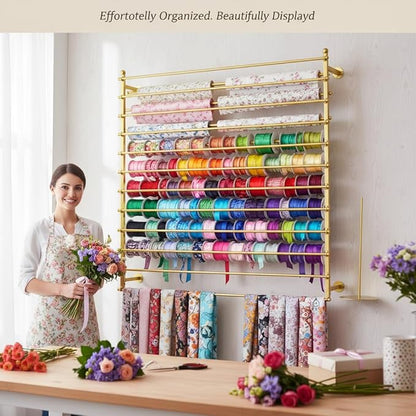 DYRABREST Wall Mounted Ribbon Organizer Rack, Metal Wrapping Paper Organizer Storage, Removable 12-Tier Hijab Organizer, 80lbs Load Capacity for Home, Craft Room, Flower Shop (Gold, 47.2 x 47.2 in)
