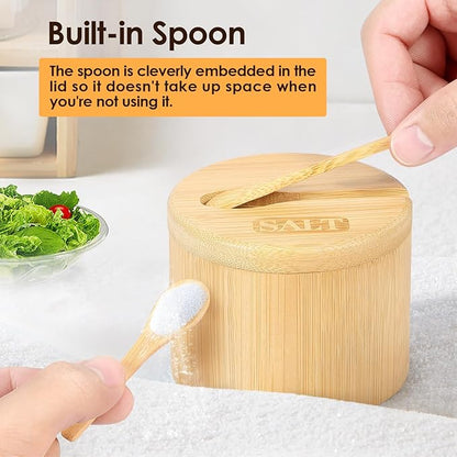 2 Layers Acacia Wood Salt and Pepper Bowl Salt and Pepper Storage Box Salt Container Salt Keeper with Built in Spoon and Magnetic Swivel Lid Dustproof Salt Holder for Kitchen Serving (Wood D)
