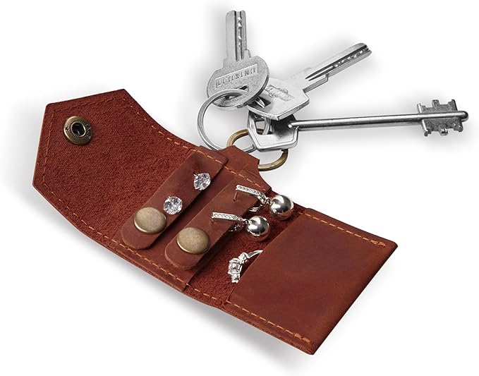 Leather Keychain Earrings Holder, Wedding Travel Case, Engagement Holder, Pouch Bag, Workout and Gym Ring Holder (Cognac)