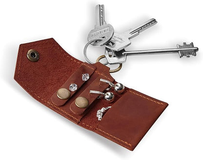 Leather Keychain Earrings Holder, Wedding Travel Case, Engagement Holder, Pouch Bag, Workout and Gym Ring Holder (Cognac)