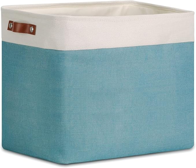 DULLEMELO Large Collapsible Storage Basket/Bin with Sturdy Leather Handles, Fabric Organizer Bin for Storage Clothes, Toys, Books, Office, Bedroom, Closet, Nursery & Laundry (White&Teal)