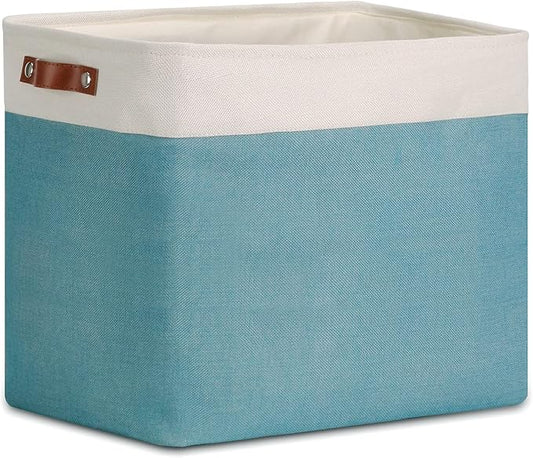 DULLEMELO Large Collapsible Storage Basket/Bin with Sturdy Leather Handles, Fabric Organizer Bin for Storage Clothes, Toys, Books, Office, Bedroom, Closet, Nursery & Laundry (White&Teal)