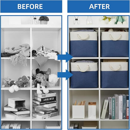 Temary Fabric Storage Cubes for Organizing 4Pack Blue Fabric Storage Basket 12 Inch Cube Storage Bins with Handles for Organizing Toys, Shelf Baskets for Home Office Closet (White&Blue)