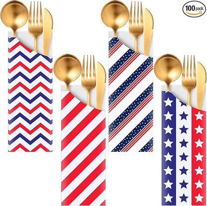 Roowest 100 Pcs 4th of July Silverware Bags Bulk Independence Day Party Supplies Disposable American Flag Paper Utensil Bags for Patriotic Party Home Wedding Party Table Decorations