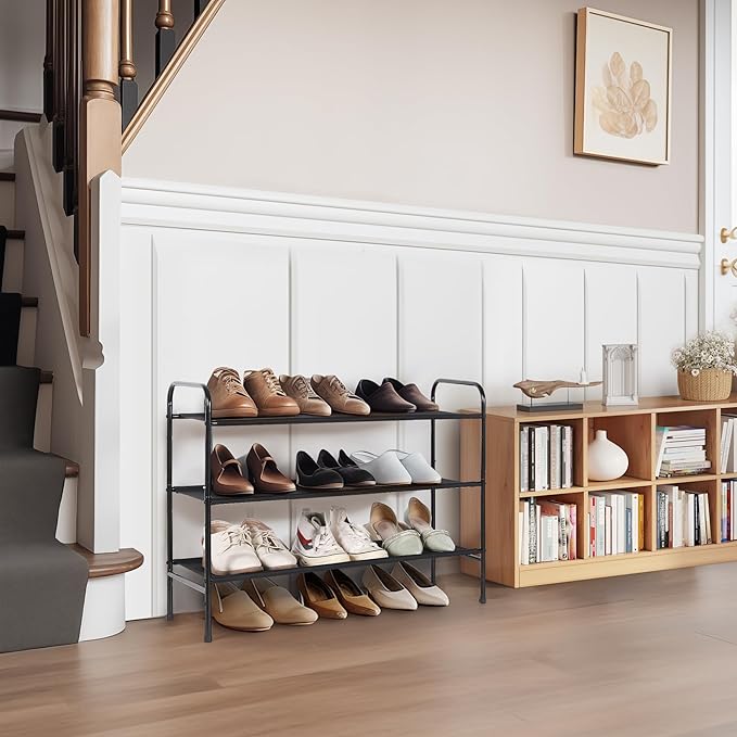 MAX Houser 3 Tier Free Standing Shoe Rack, Metal Shoe Storage Shelf for 9-12 Pairs, Easy to Assemble, Entryway, Bedroom, Black
