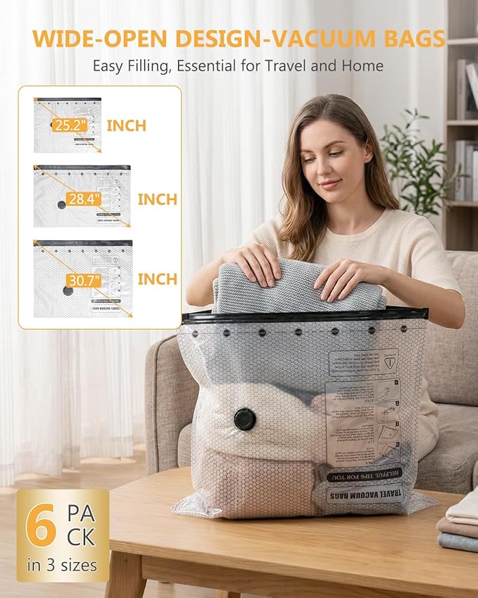 Vacuum Bags for Travel, Vacuum Seal Bags with Rechargeable Air Pump, Compression Packing Bags for Luggage and Suitcase, Space Saver Bags for Clothes and Clothing, Bedding, 6 Combo Travel Size