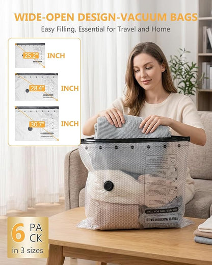 Vacuum Bags for Travel, Vacuum Seal Bags with Rechargeable Air Pump, Compression Packing Bags for Luggage and Suitcase, Space Saver Bags for Clothes and Clothing, Bedding, 6 Combo Travel Size