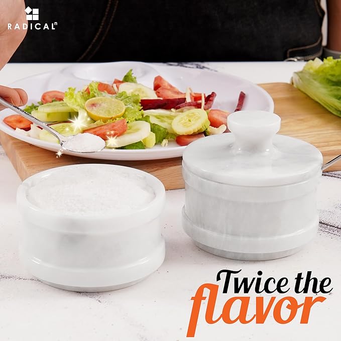 Radicaln Handmade Marble White 5.5” Dual Salt Cellar & Brown Sugar Keeper – 2.3” Each Herb Jar Salt Dish Kitchen Accesorries – Ideal For Jewelry, Butter, Sugar & Home Décor