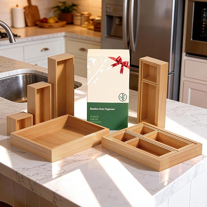 Bamboo Drawer Organizer 14 Pcs for Kitchen Multi-purpose Storage Dividers for Kitchen, Office, Jewelry, Cosmetics, Wooden Drawer Dividers for Drawer Organizer Desk Organizer Gift for Women Gifts Idea