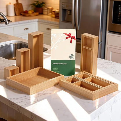 Bamboo Drawer Organizer 14 Pcs for Kitchen Multi-purpose Storage Dividers for Kitchen, Office, Jewelry, Cosmetics, Wooden Drawer Dividers for Drawer Organizer Desk Organizer Gift for Women Gifts Idea