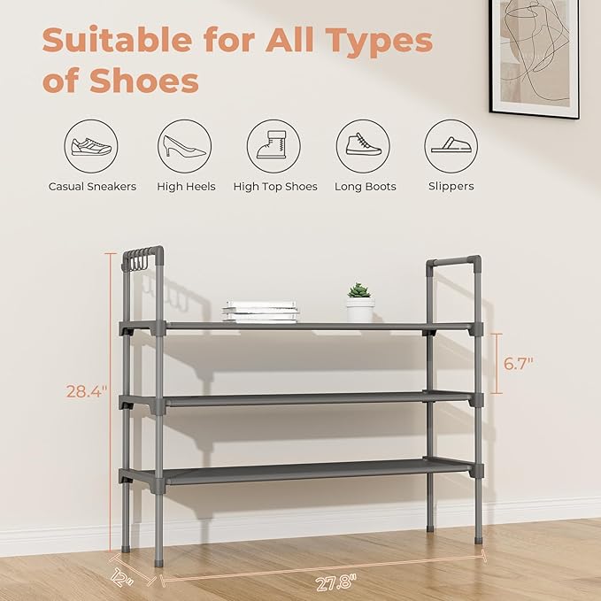 LANTEFUL 3 Tier Shoe Rack for Closet, Shoe Organizer with 5 Hooks, Long Shoe Shelf Storage for Shoe and Boot Stackable Free Standing Shoe Rack for Entryway, Garage, Small Spaces, Dorm, Grey