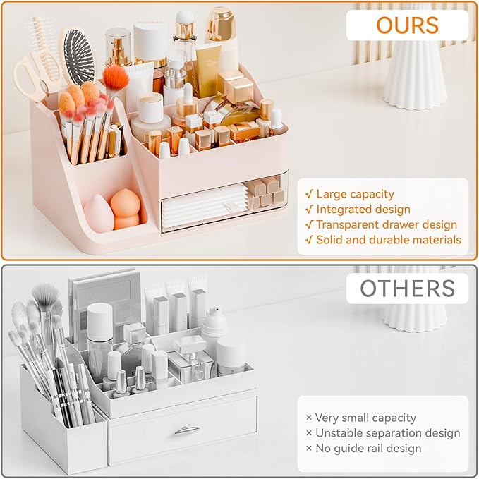 Yieach Countertop Makeup Organizers for Vanity,Bathroom,Dresser,Large Makeup Storage Organizer and Beauty Skincare Organizer,Plastic Makeup Holders and Organizers for Lotion,Hair Product & Tool,Pink