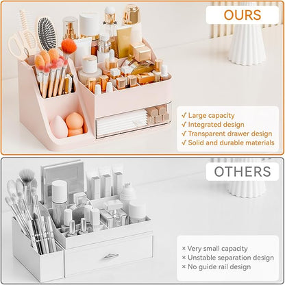 Yieach Countertop Makeup Organizers for Vanity,Bathroom,Dresser,Large Makeup Storage Organizer and Beauty Skincare Organizer,Plastic Makeup Holders and Organizers for Lotion,Hair Product & Tool,Pink