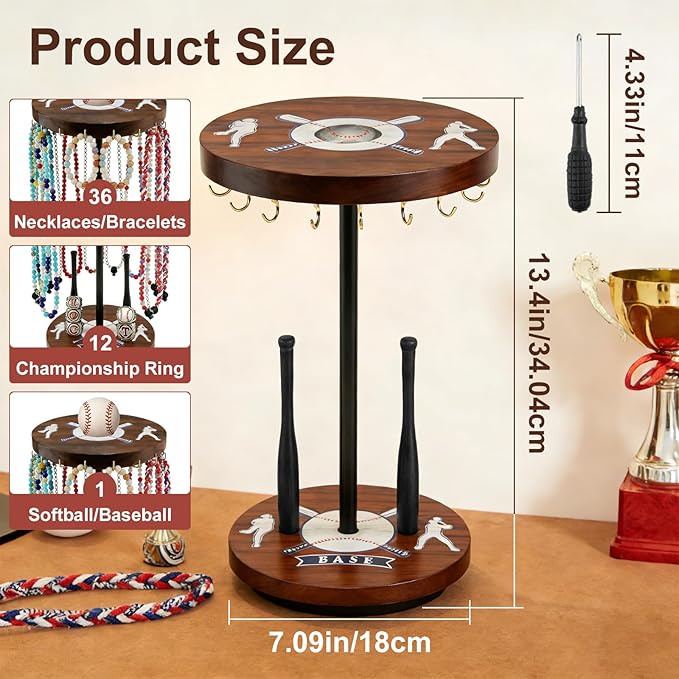 Baseball Drip Holder & Championship Ring Display - Baseball Jewelry Stand for Men with 18 Hooks, 360°Rotating Baseball Necklace and Ring Holder, Perfect Gifts for Baseball Players and Lovers