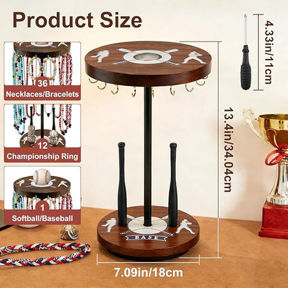 Baseball Drip Holder & Championship Ring Display - Baseball Jewelry Stand for Men with 18 Hooks, 360°Rotating Baseball Necklace and Ring Holder, Perfect Gifts for Baseball Players and Lovers