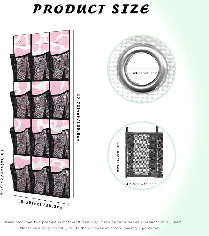 Pink Cow Print Over the Door Shoe Organizer 12 Large Mesh Pockets Sturdy Shoe Rack for Door Hanger Storage Holder for Dorm Bedroom