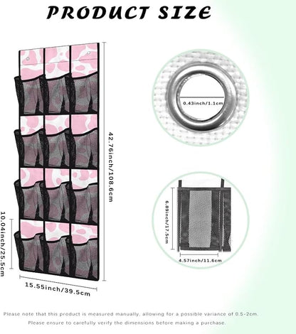 Pink Cow Print Over the Door Shoe Organizer 12 Large Mesh Pockets Sturdy Shoe Rack for Door Hanger Storage Holder for Dorm Bedroom