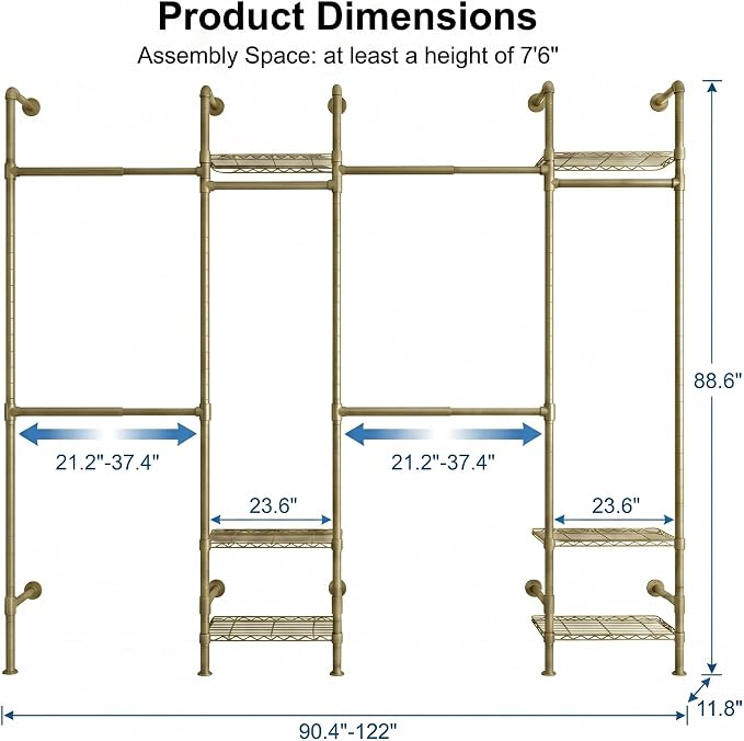 Wall Mounted Closet System – Adjustable Clothing Rack with 6 Hanging Clothes Rods( 4 Expandable Rods) & 6 Shelves, Heavy Duty Industrial Pipe Clothes Rack for Closet Organizer and Storage, Gold