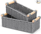 Boho Cotton Rope Storage Baskets Set of 2, Woven Wicker Organizer Bins with Wooden Handles, Small Decorative Boxes for Organizing, Toilet Paper Baskets for Bathroom Countertop, Shelves (Gray 2 Pack)