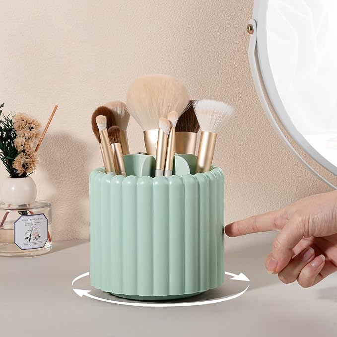 Anyoifax 360 Rotating Makeup Brush Holder 7 Slots Make Up Brush Organizer Removable Spinning Cosmetic Brushes Storage Pen Holder for Vanity, Dresser, Desk, Green