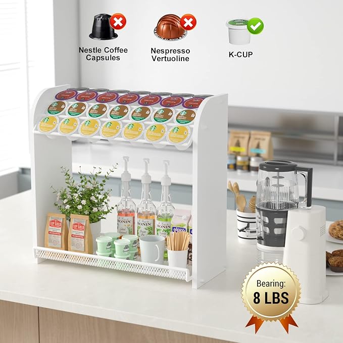 Lixple Coffee Pod Organizer for Countertop, Bamboo K Cup Holder, Easy Assembly Coffee Station Organizer for Home Office Coffee Bar, White