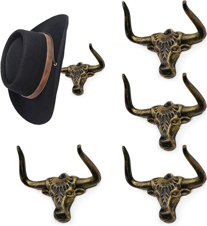 Cowboy Hat Rack for Wall 4 Pack Modern Metal Cowboy Hat Holder Cast Iron Hat Hanger Western Longhorn Hooks Storage and Display at Closet Bedroom Living Room Antique Gold Men's Gift
