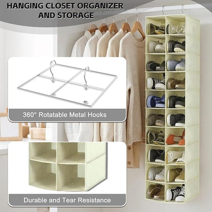Hanging Shoe Organizer for Closet, 20 Sections Hanging Closet Organizers and Storage Shelves, Space Saving Shoe Storage Rack Holder, Beige, 12''W×12''Dx 50''H