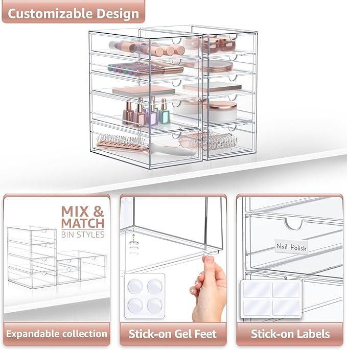 Sorbus Makeup Organizer With 10 Drawers, Acrylic Drawer Organizer for Makeup, Office Organization and Storage, Art Supplies, Jewelry, Stationary - 2 Pcs Clear Stackable Storage Bins Organizer Drawers