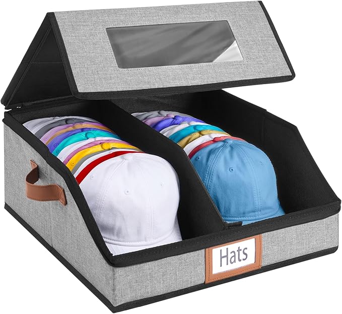 Hat Storage Box for Baseball Caps, Large Hat Organizer with Clear Window, Hat Travel Case with Removable Dividers for 30 Caps & Cowboy Hats, Stackable Dustproof Hat Organizer for Closet & Travel, Grey