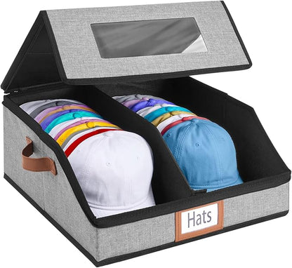 Hat Storage Box for Baseball Caps, Large Hat Organizer with Clear Window, Hat Travel Case with Removable Dividers for 30 Caps & Cowboy Hats, Stackable Dustproof Hat Organizer for Closet & Travel, Grey