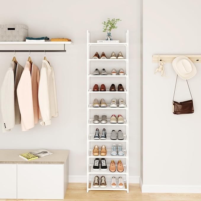 10-Tier Tall Shoe Rack for Closet, Entryway, Adjustable Sturdy Durable Shoe Shelf,Narrow Shoe Stand Organizer (18" W×10" D×72.8" H,White)