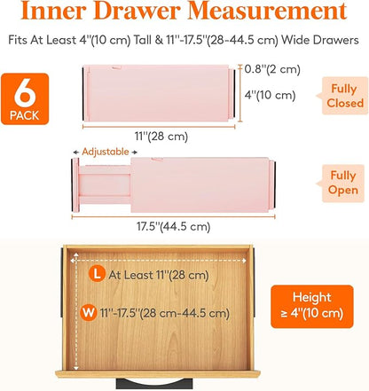 Lifewit 6 Pack Drawer Dividers 4" High 28-43.5cm/11-17" Adjustable Drawer Organizer for Clothes/Utensils, Expandable Drawer Separator in Dresser/Kitchen/Bedroom/Office Organization & Storage Pink