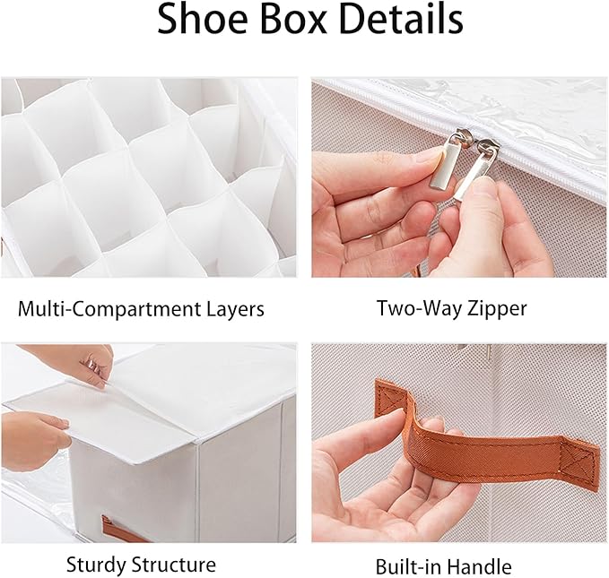 (2 Pack) Shoe Organizer for Closet, Shoe Storage Bins Foldable Shoe Storage Box Containers with Clear Cover and Sturdy Handles,Shoe Rack for Closet Storage for Sneakers Heels Slippers (Gray Large)